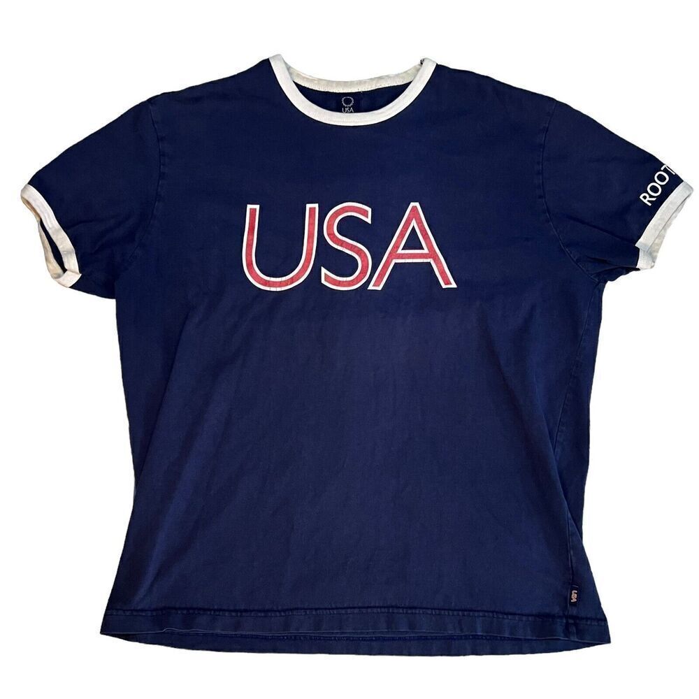 2004 Roots USA Olympics T-Shirt Size XL Navy USA Spellout Short Sleeve Shirt